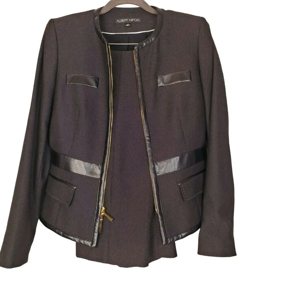 Albert Nipon Women's Black Pant Suit Faux Leather Trim Gold‎ Zipper Size 4 HN